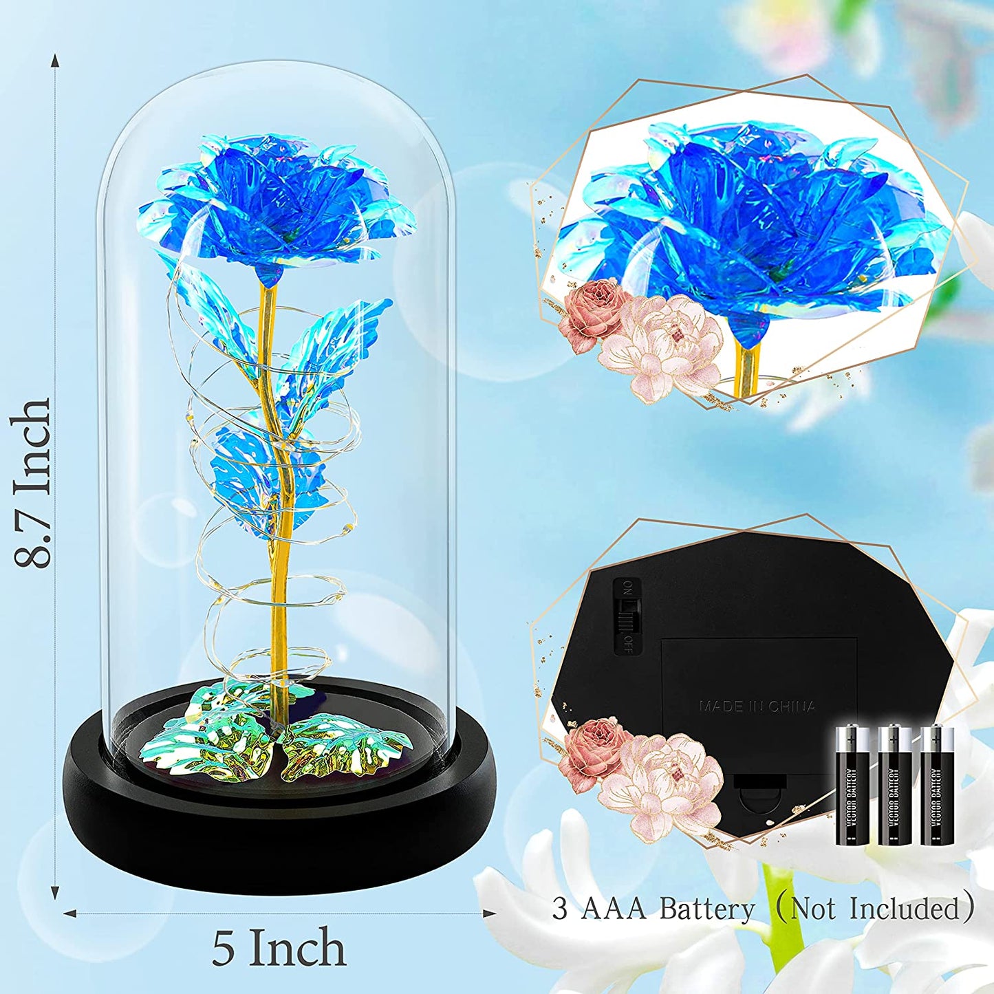 Valentines Day Rose Gift, Blue Colorful Artificial Flower, Light Up Rose Flower in Glass Dome