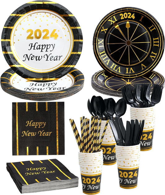 Serves 16 - Includes Happy New Year Plates and Napkins Cups Cutlery Straws for New Year Party Decorations Décor New Year Eve Party Favors Party Kit