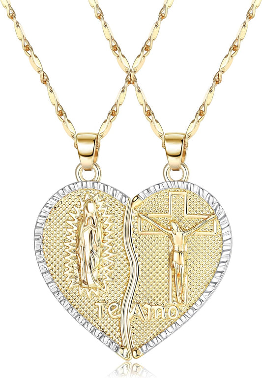 18K Gold Plated Couples Necklace Virgin Mary Necklace Jesus Necklace Heart Necklace Plated Gold Necklace Couple Jewelry for Him and Her