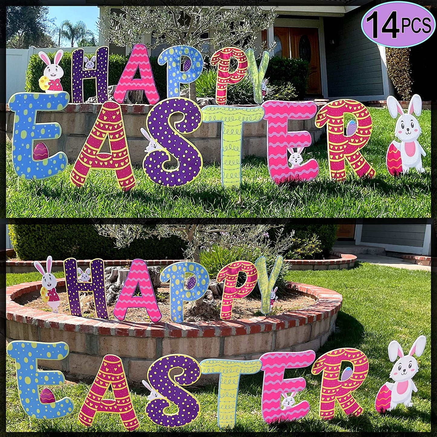 Easter Yard Sign | (14 Pcs) Large 17" Tall, Happy Easter Outdoor Decorations