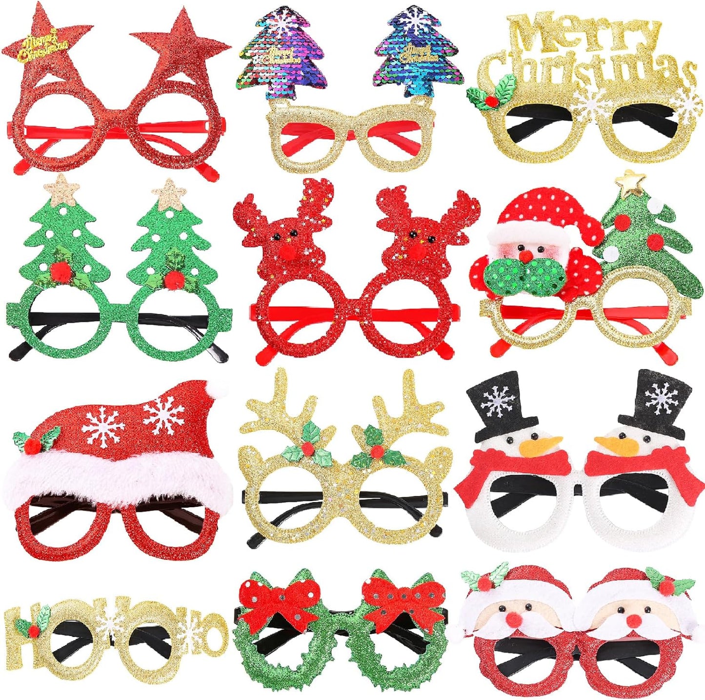 12 PCS Christmas Glasses Party Glitter Glasses Frames with 12 Designs, Christmas Decoration Accessories, Costume Eyeglasses for Christmas Parties Holiday Favors, Christmas Ornaments Gift