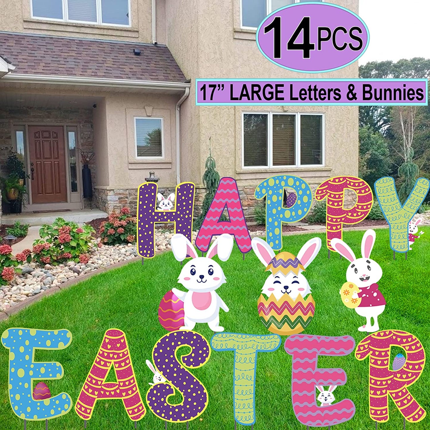 Easter Yard Sign | (14 Pcs) Large 17" Tall, Happy Easter Outdoor Decorations