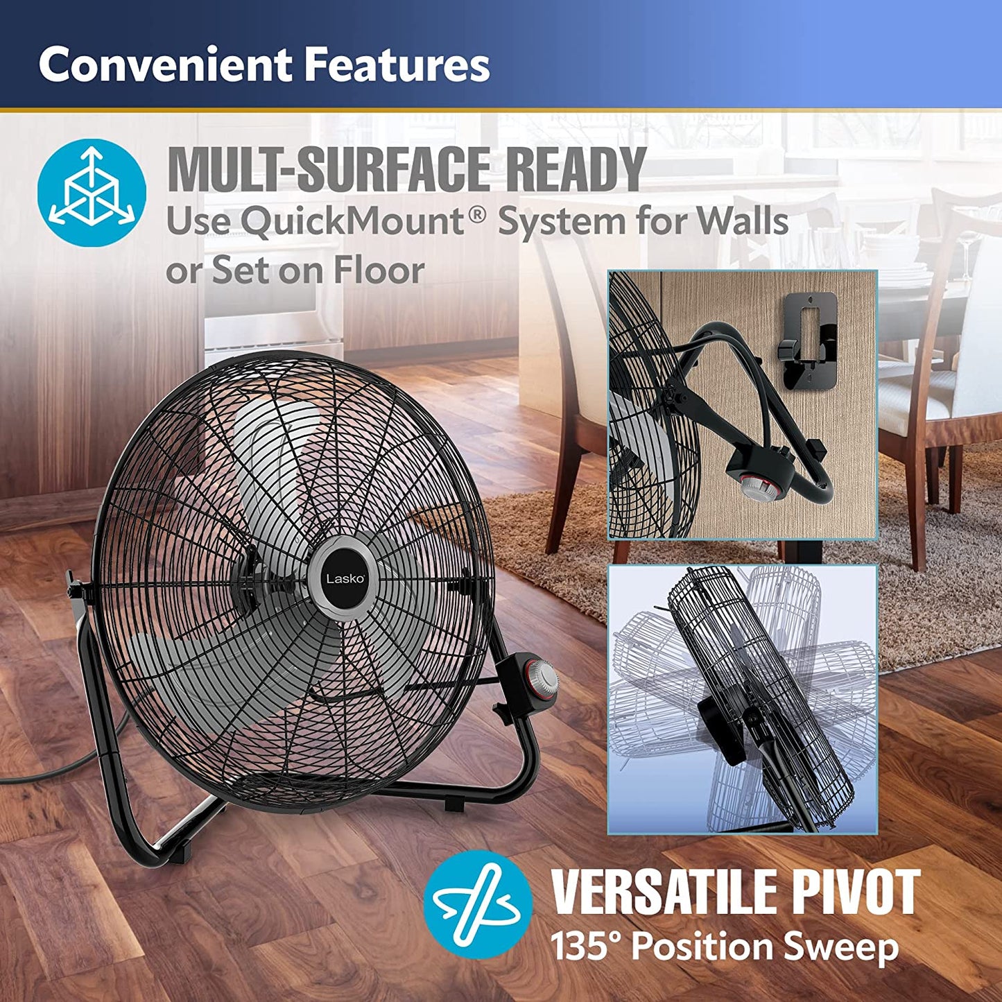 High Velocity Floor Fan w/ Wall mount Option, 3 Powerful Speeds, Pivoting Fan Head 20", Black, 2264QM