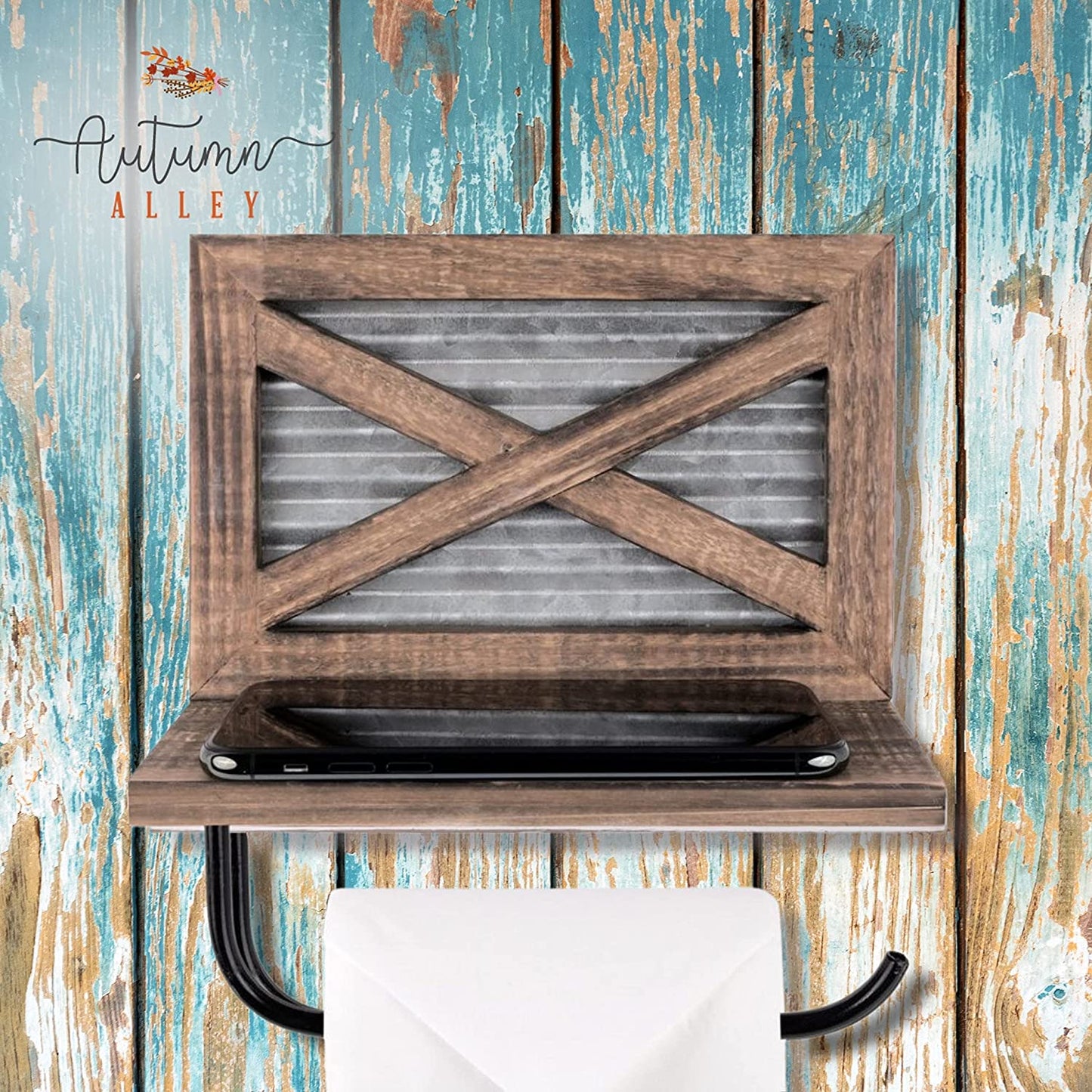 Farmhouse Toilet Paper Holder with Shelf - Rustic Brown Wood