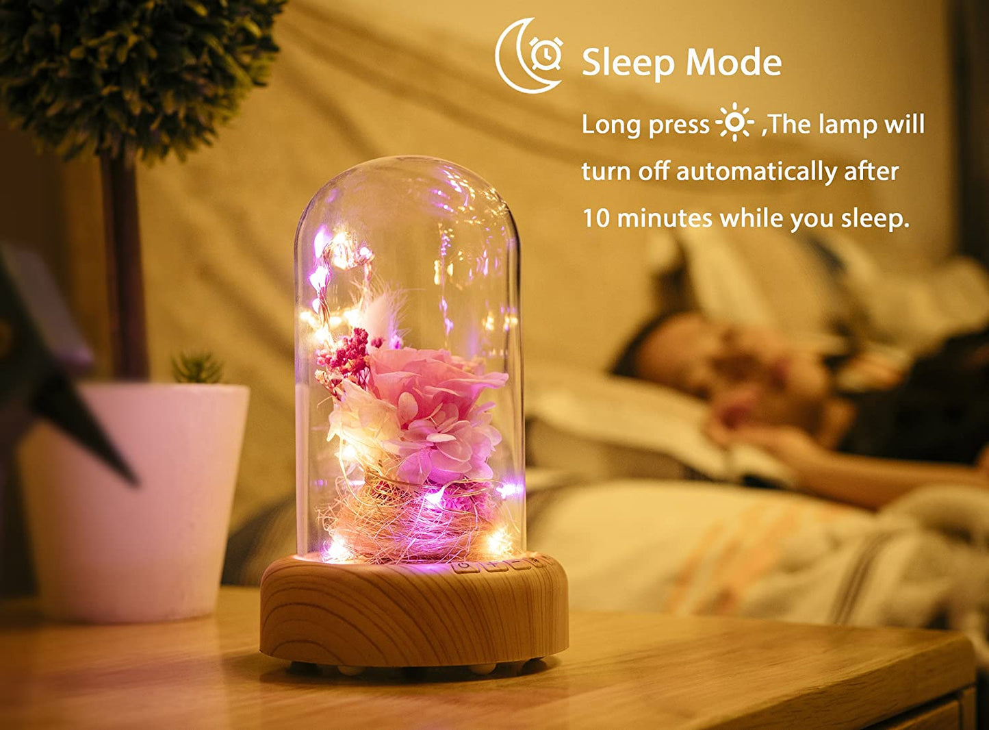 Pink Rose Night Light Preserved Rose in Glass Dome, Lamp w/ Bluetooth Speaker Best for Gift for Her/Mothers Day