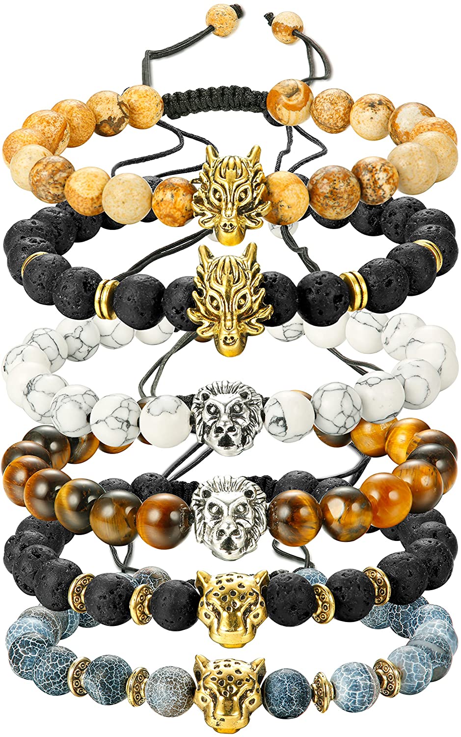 6PCS Bead Bracelets Set Dragon/Lion/Panther Charm Lava Rock Natural Stone Bracelet, 8MM