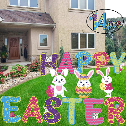 Easter Yard Sign | (14 Pcs) Large 17" Tall, Happy Easter Outdoor Decorations