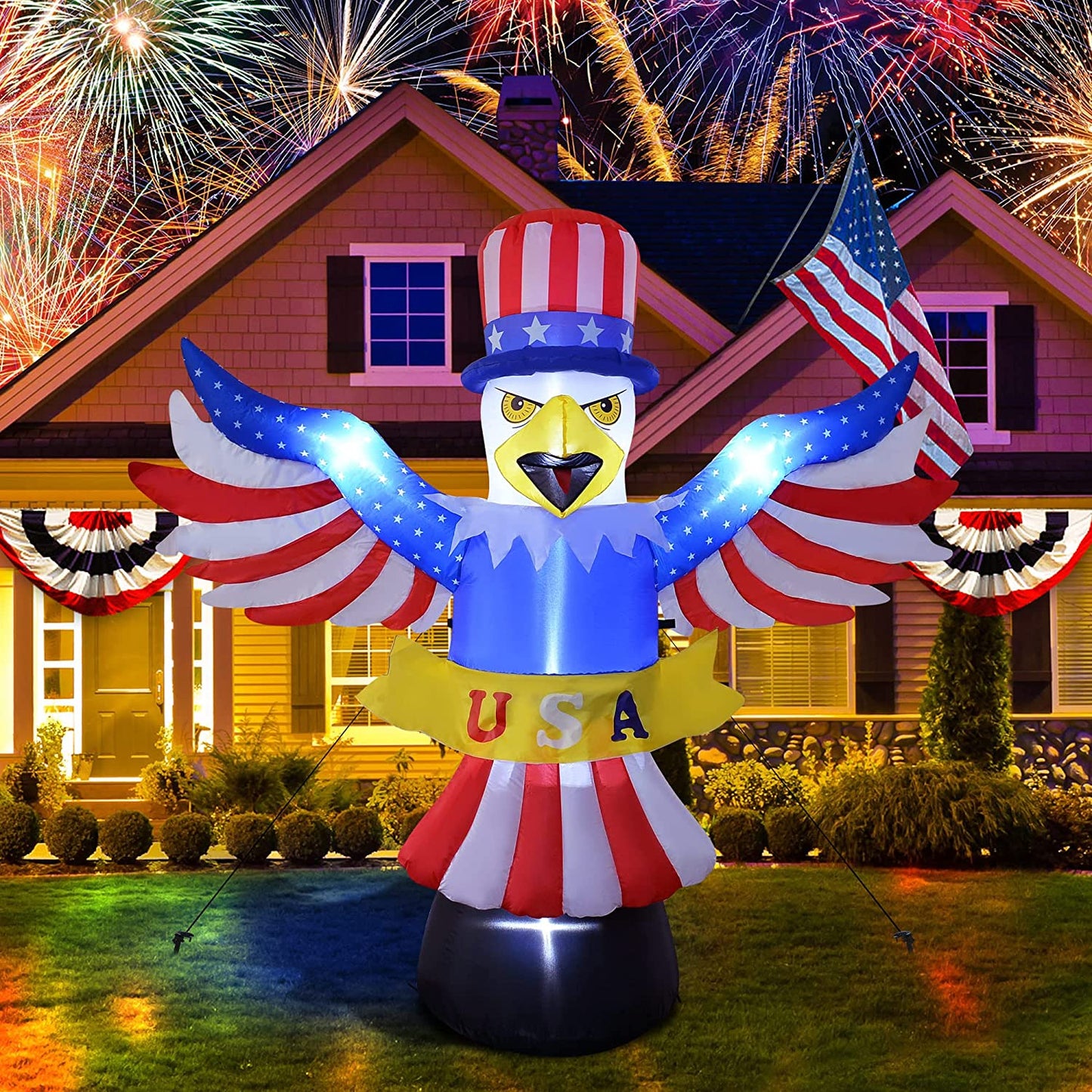 6FT Independence Day Inflatable 4th of July Inflatables Blow up Patriotic Flying Bald Eagle Decoration w/ LEDS