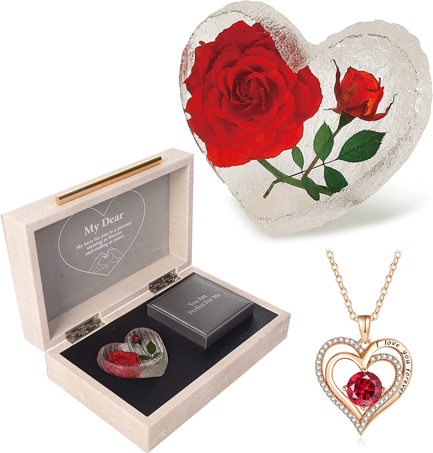 Preserved Red Real Rose Engraved Wooden Gift Set - Valentines Day Gifts For Her Red+ Leather