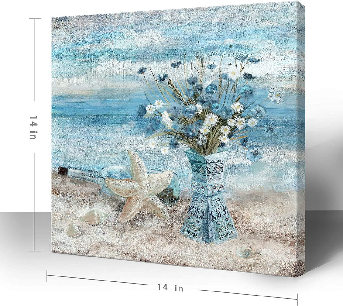 Wall Art Blue Beach Picture Ocean Theme Flower Canvas Print Modern Coastal Seascape Painting Framed 14x14inch