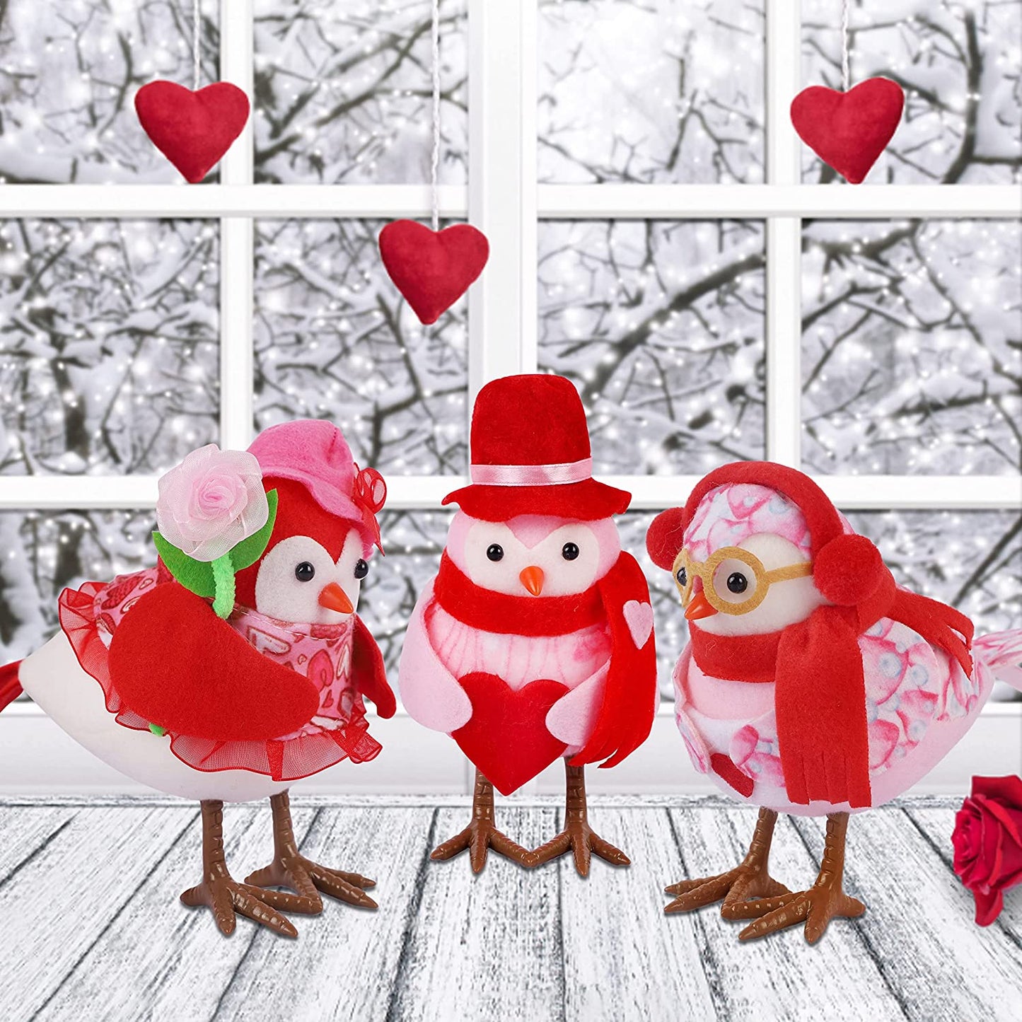 Valentine's Day Tabletop Decor, Set of 3 Red & Pink Bird Figurines, Perfect for Tiered Tray