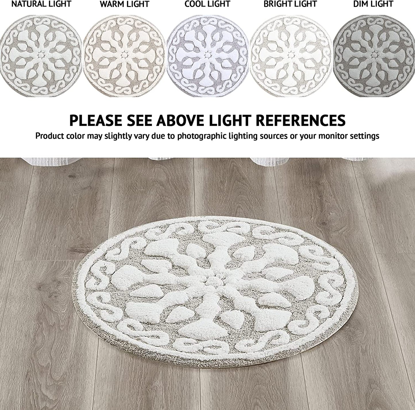 100% Cotton Tufted Bathroom Rugs Luxurious Plush Medallion Floral Pattern Bath Mat Absorbent, Quick Dry, Round 25", Taupe