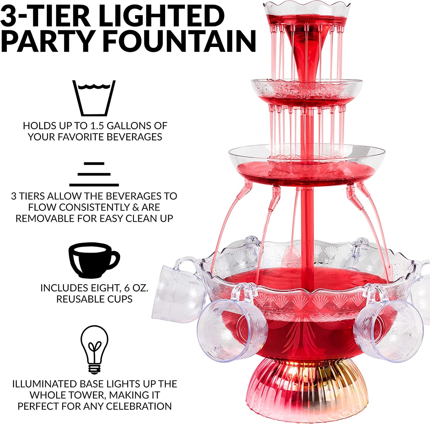 3-Tier Party Fountain, Holds 1.5 Gallons, LED Lighted Base, Includes 8 Reusable Cups, 1.5 Gallon, Clear