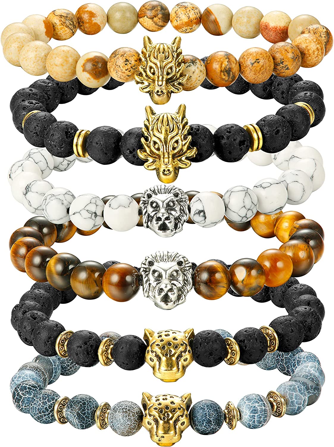 6PCS Mens Bead Bracelets Set Dragon/Lion/Panther Charm Lava Rock, 8MM, Style A