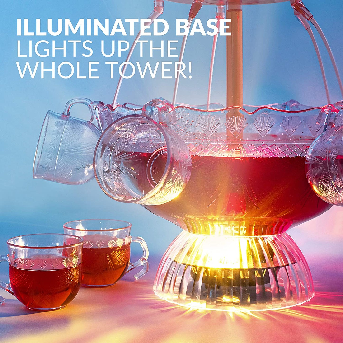 3-Tier Party Fountain, Holds 1.5 Gallons, LED Lighted Base, Includes 8 Reusable Cups, 1.5 Gallon, Clear