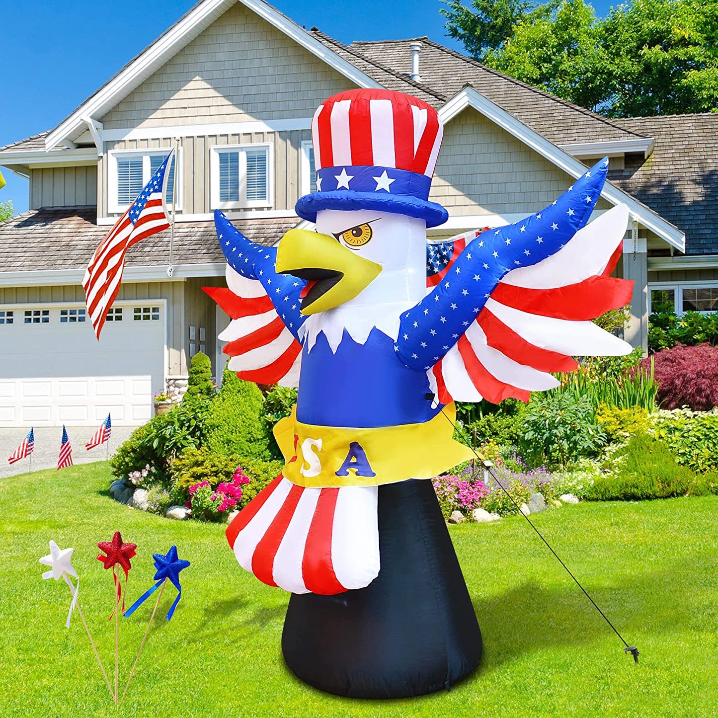 6FT Independence Day Inflatable 4th of July Inflatables Blow up Patriotic Flying Bald Eagle Decoration w/ LEDS