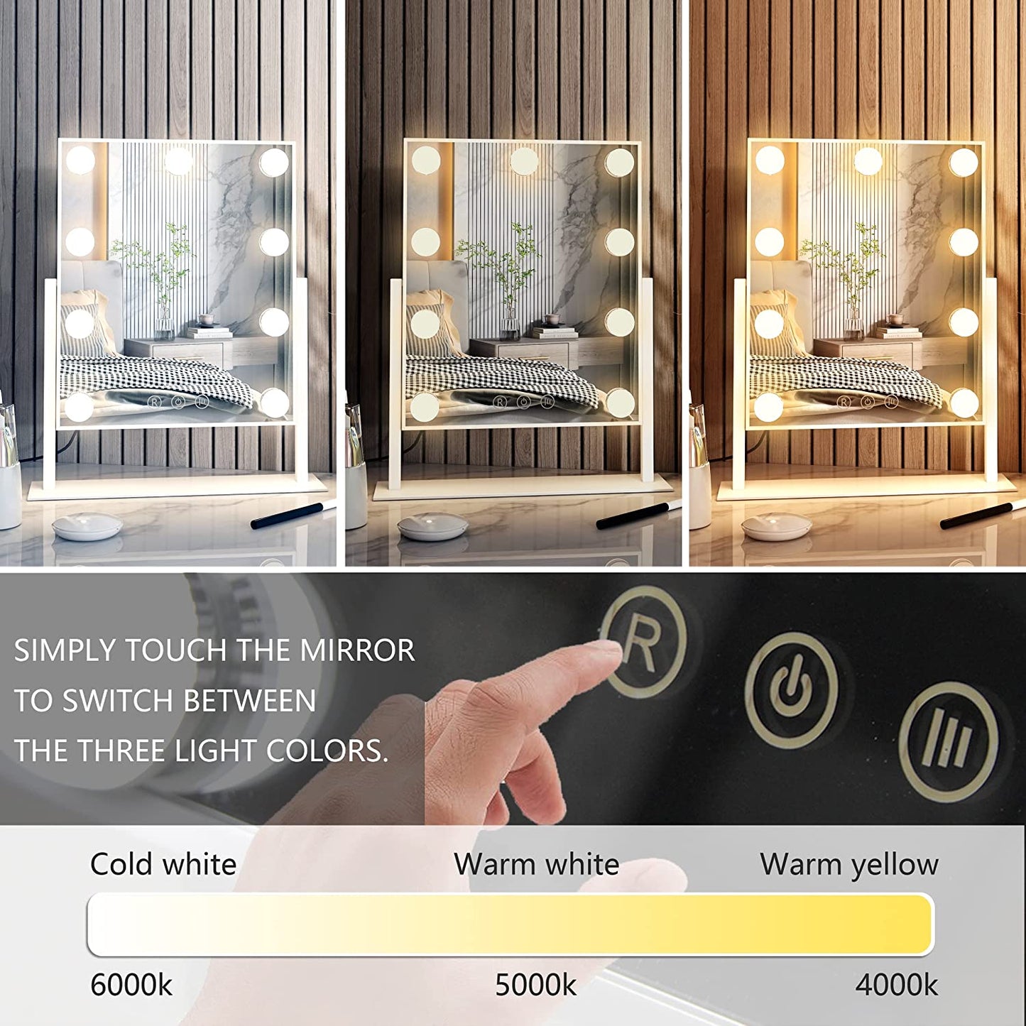 Vanity Mirror w/ 9 LED Lights Touch Control w/ 3 Colors Light & 360°Rotation