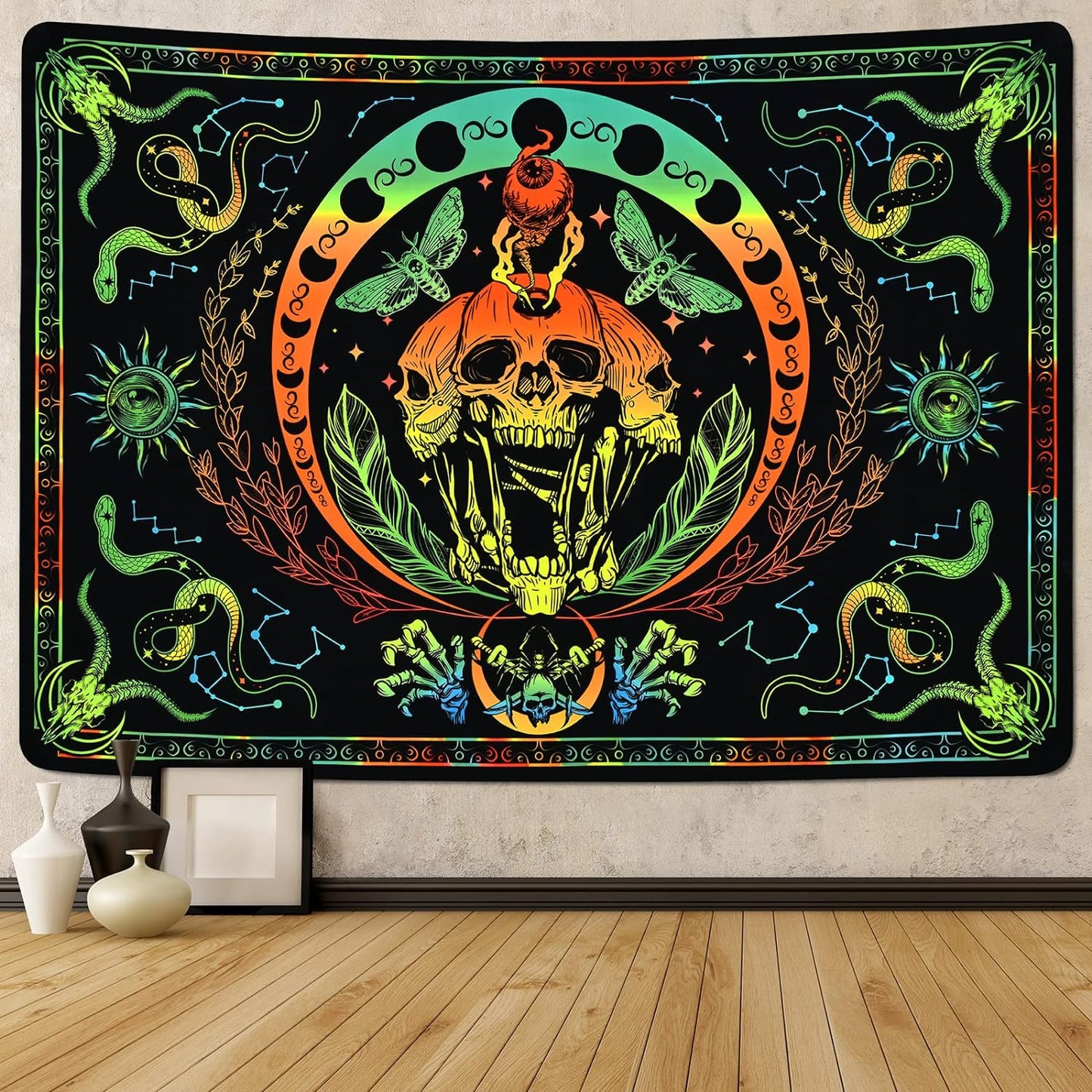 UV Reactive Blacklight Skull Tapestry with Snake, Moth, and Moon Phases - Glow-in-the-Dark Wall Hanging for Aesthetic Room Decor