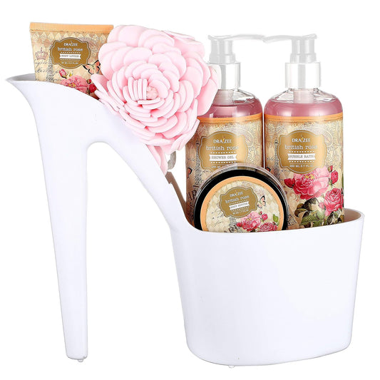 Spa Basket For Women 5 Pcs Heel Shoe Rose Scented Home Relaxation Fragrance Spa Gift Basket Set with Body Lotion & Butter, Shower Gel, Bubble Bath Christmas Gift Basket for Women