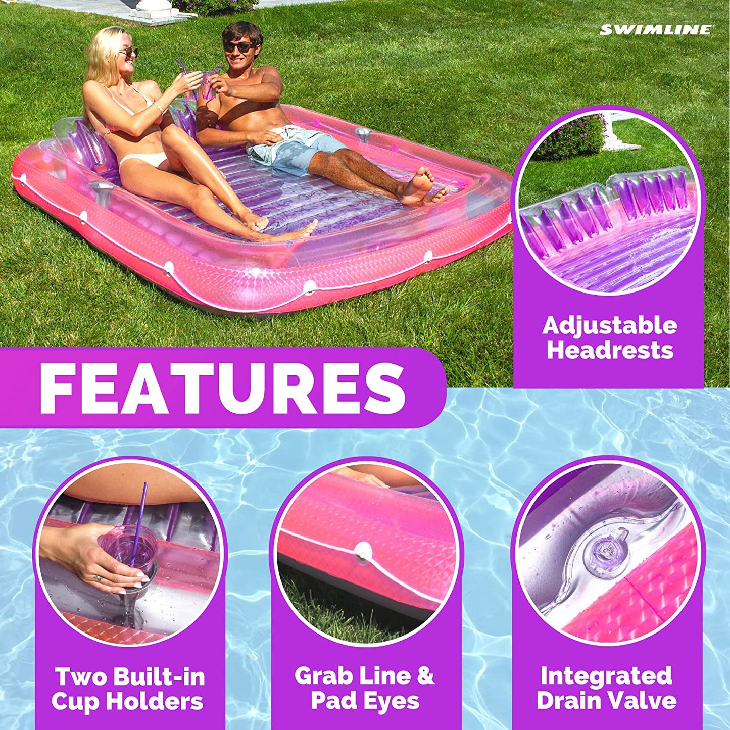 Tub Inflatable Tanning Pool Float For Adults Kids Lounger Series-Classic XL (Pink / Purple)