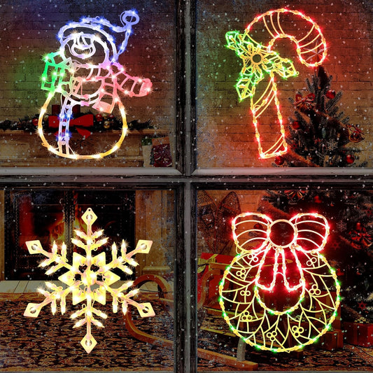 4 Pack Christmas Window Lights Decorations, Lighted Wreath, Candy Cane, Snowflakes, and Snow Man Christmas Window Light Decorations for Holiday Indoor Outdoor Wall Door Glass Decorations