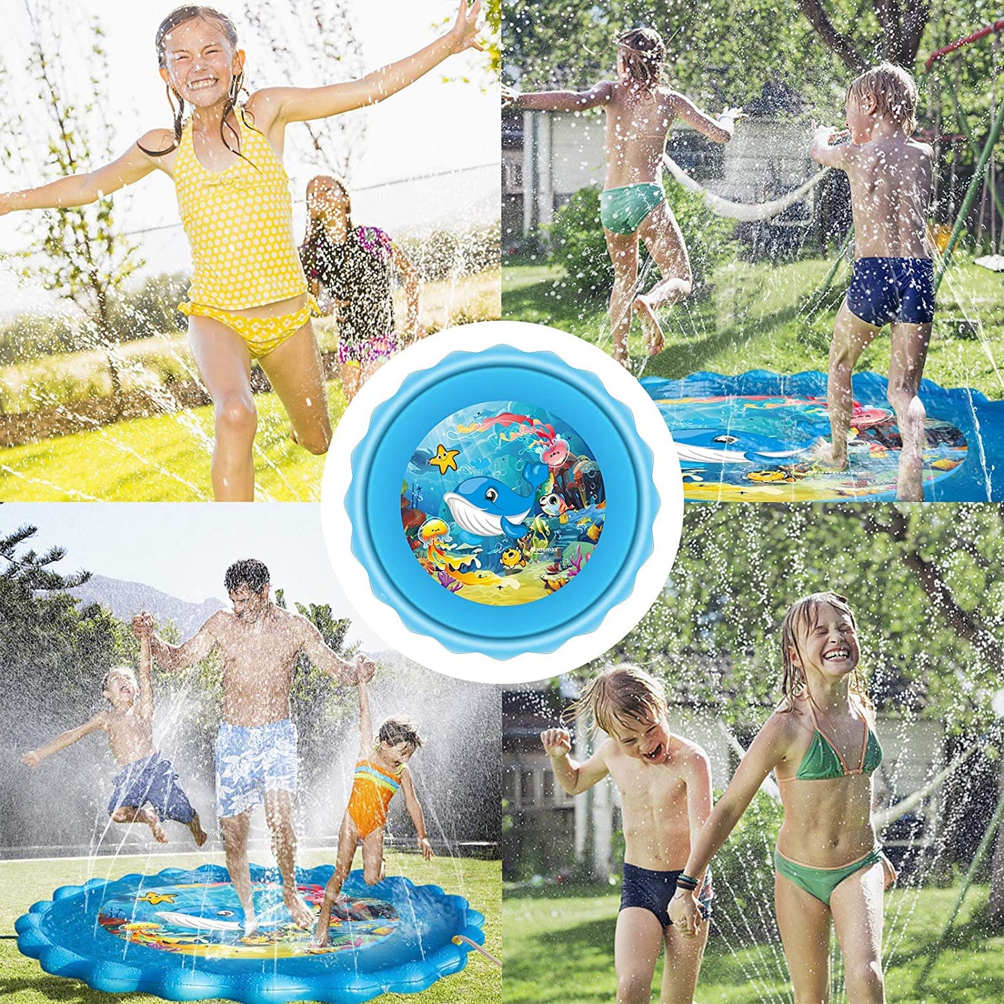 Upgraded Blue 79" Splash Pad, Sprinkler & Splash Play Mat, Inflatable Summer Outdoor Sprinkler Pad Water Toys Fun for Children