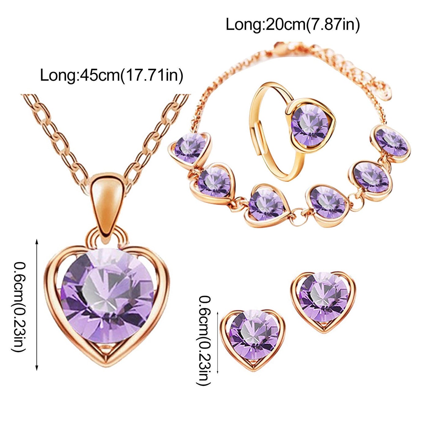 Crystal Heart Necklace Earrings Ring Bracelet Set for Women