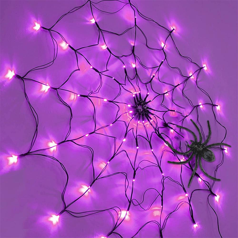 60 LED Halloween Spider Net Web String Lights w/ Black Spider