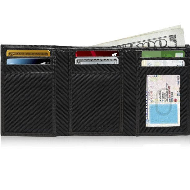 Genuine Leather Black Carbon fiber Trifold Wallet With ID Window Gifts For Men RFID Blocking