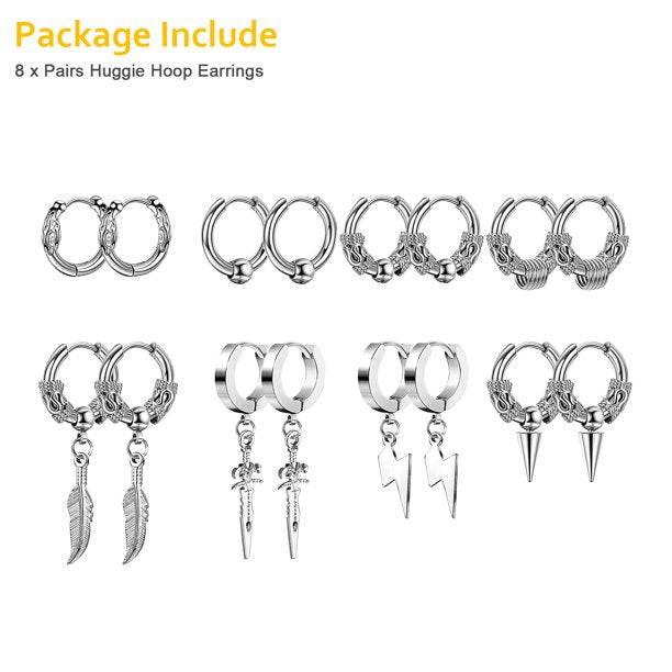 8Pairs Stainless Steel Huggie Hoop Earrings, TSV Punk Hip Hop Cool Earrings for Men Women Hypoallergenic