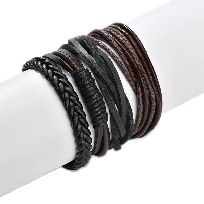 Multilayer Cowhide Leather Woven Bracelets Set For Men