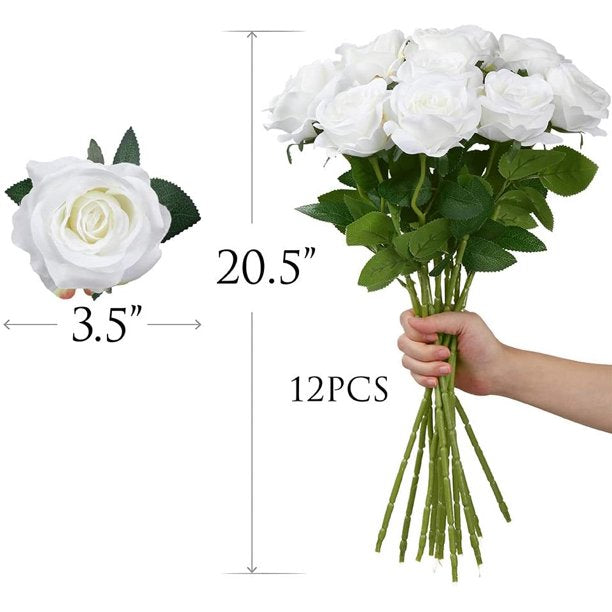 12 Pcs Rose Artificial Flowers, Realistic Blossom White Fake Roses w/ Stems, Single Silk Rose Flower Bouquet for Wedding Centerpieces Home Table Decorations