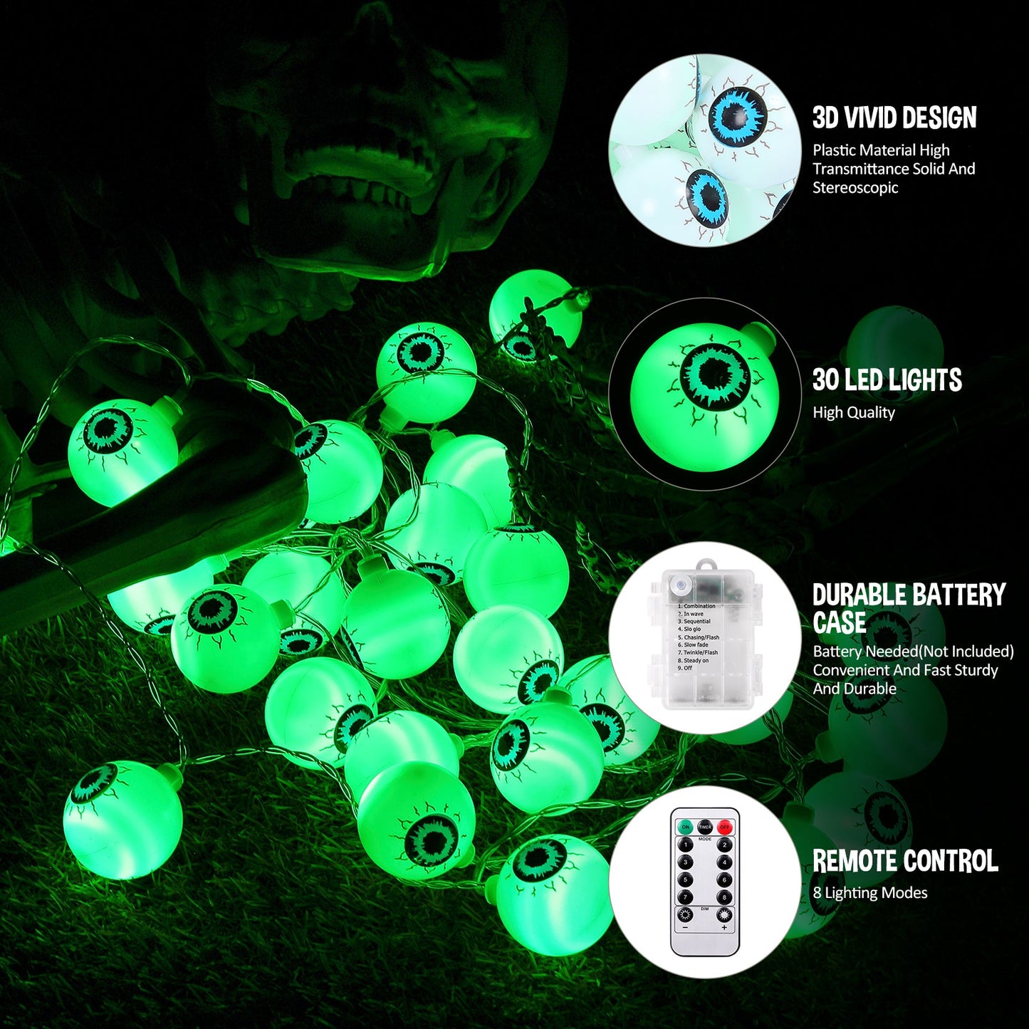 30 LED Halloween Eyeball String Lights 8 Modes w/ Remote