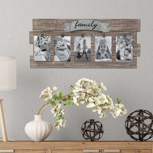 Rustic Wooden Family Collage Photo Frame w/ Clips