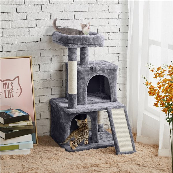 36'' H Cat Tree Tower Cat House with Double Condos Scratching Posts Sisal Rope Furry Ball for Cats and Kittens, Dark Gray