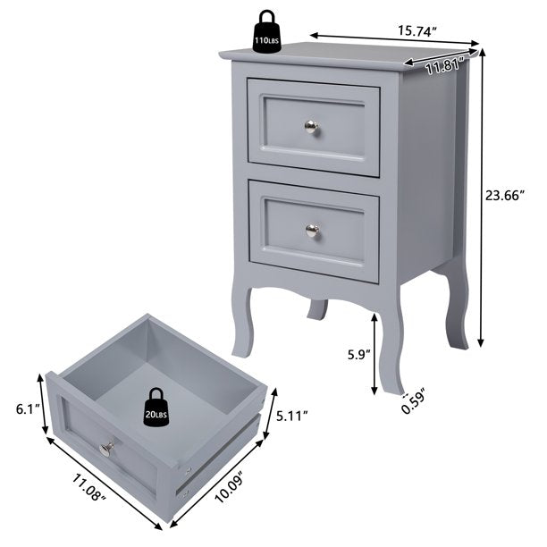 Set of 2 Nightstand Bedroom Bedside Table with Drawers Storage, Country Style Night End Table with Mental Handle, Gray