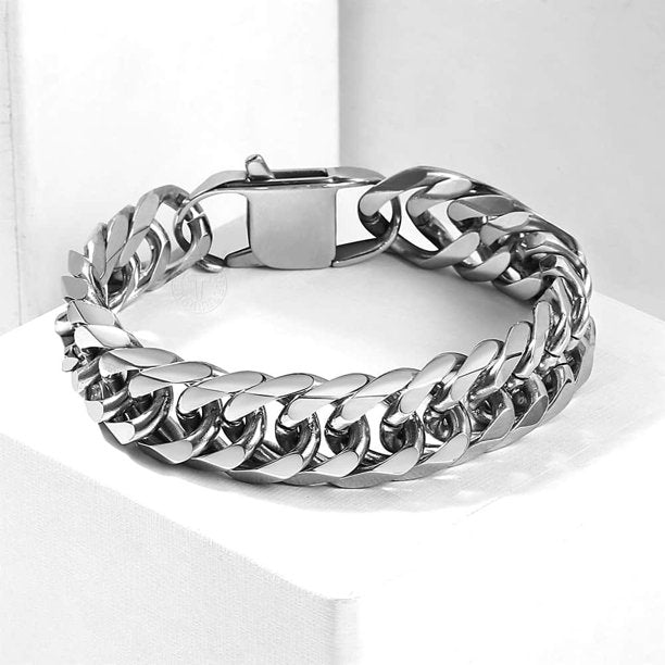 15mm Wide 10 inch Curb Cuban Rombo Mens 316L Stainless Steel Chain Bracelet Silver