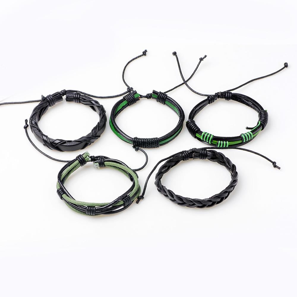 Unisex Green & Black Braided Leather Wristband Bracelet For Men or Women, 5pcs Set