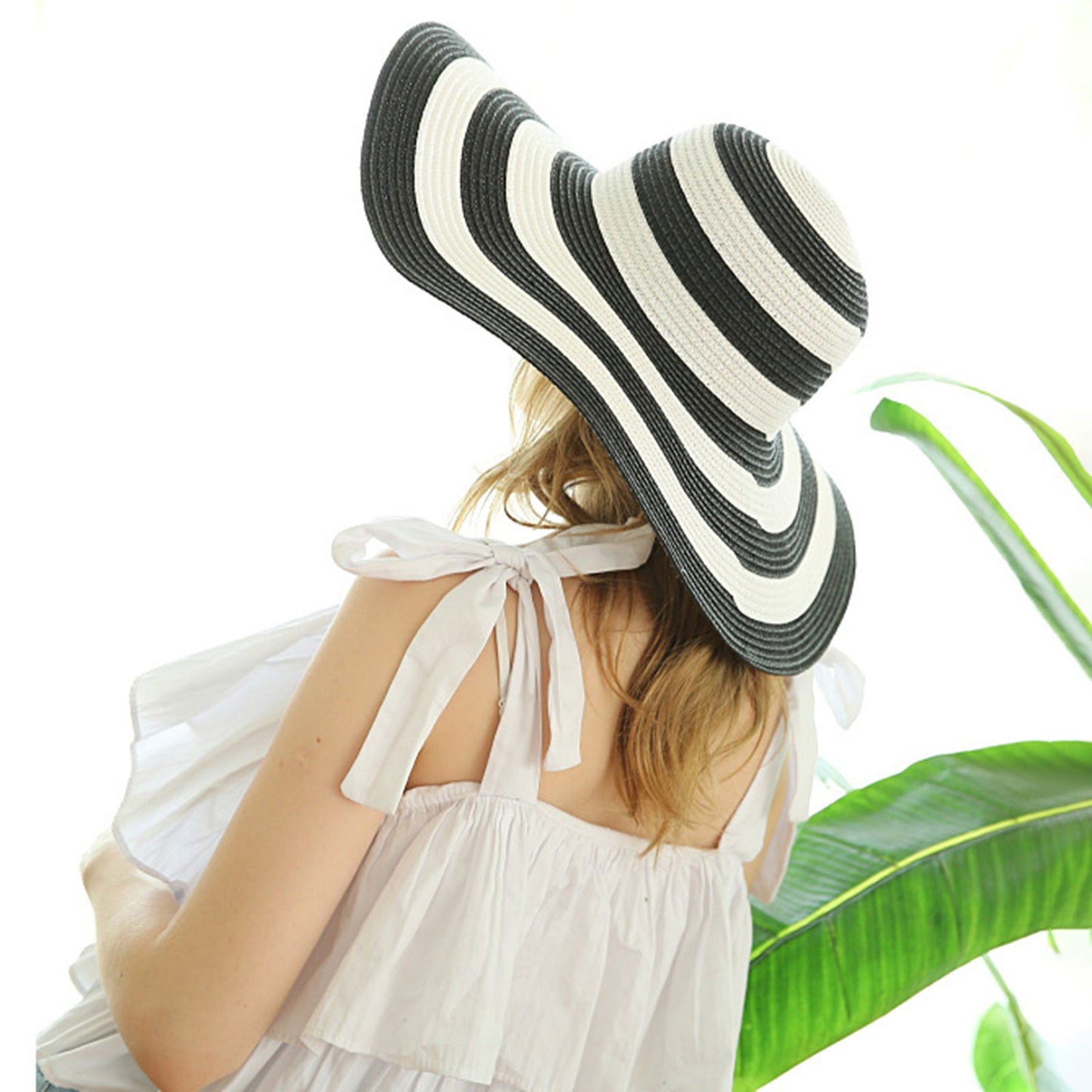 Women Stripe Sun Hat Foldable & Wide Brim