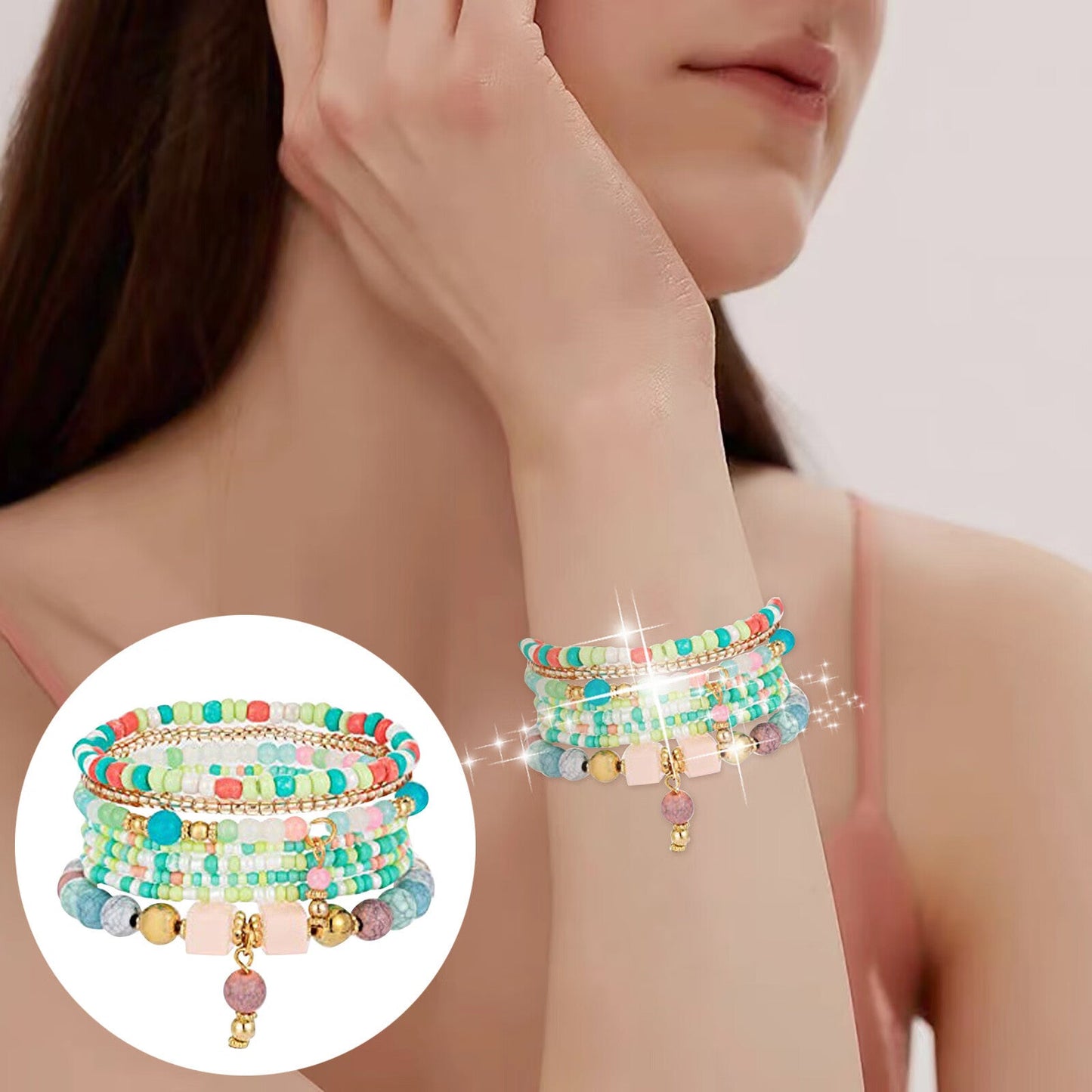 6 Sets Bracelets Multilayer Stack Colorful Beads for Women