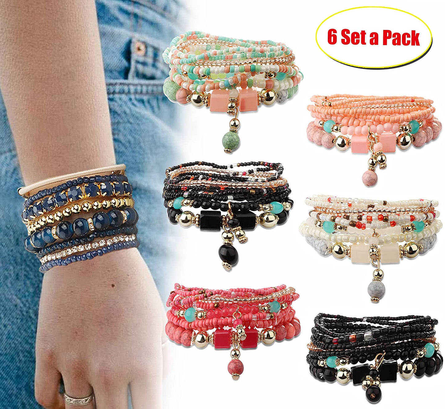 6 Sets Bohemian Stackable Bead Bracelets for Women