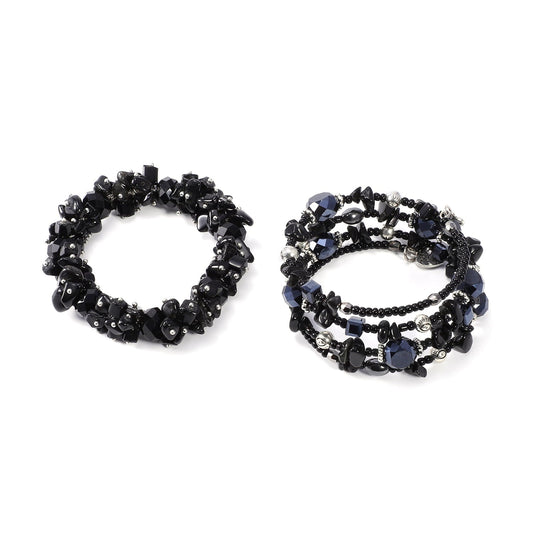 Set of 2 Women Bracelet Black Obsidian Glass Resin