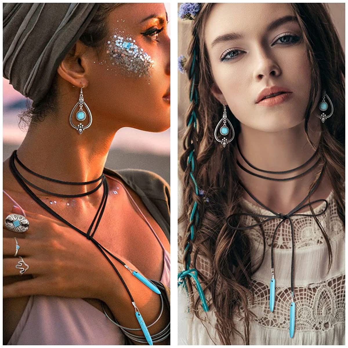 Bohemian Turquoise Pendant Suede Long Choker Necklace Vintage  Dangle Earrings Boho Cuff Bracelet with Stackable Knuckle Rings Set