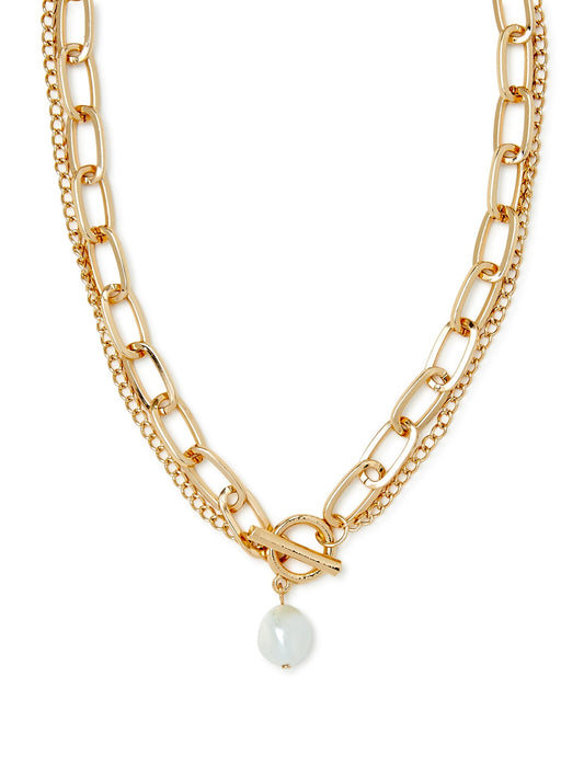 Women’s 14K Gold Flash-Plated Double Chain Link Faux Pearl Toggle Necklace