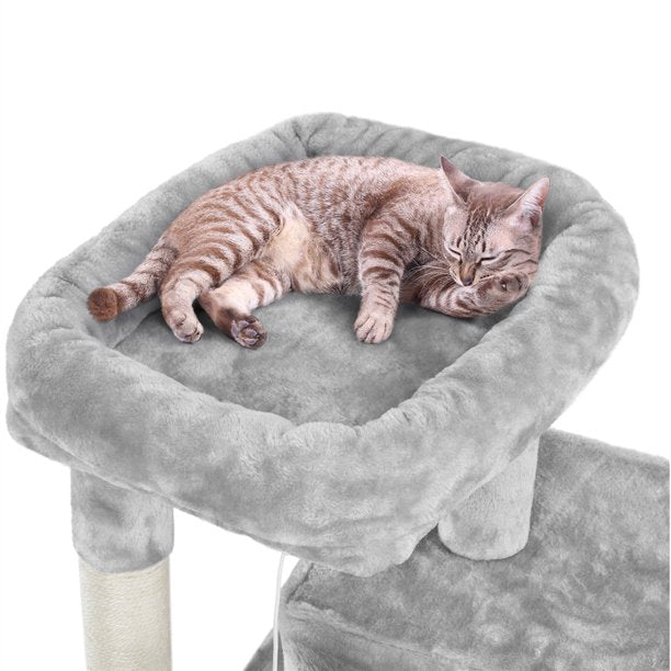 36'' H Cat Tree Tower House with Double Condos Scratching Posts Sisal Rope Furry Ball for Cats and Kittens, Light Gray