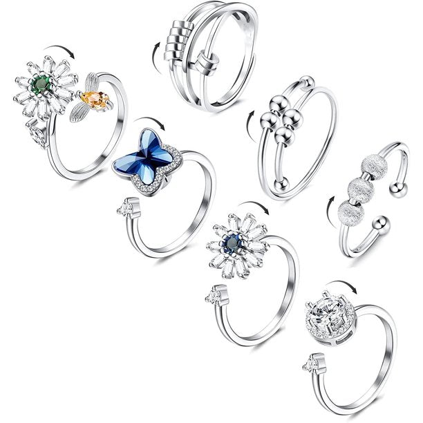 7Pcs Anxiety Rings Fidget Rings Cubic Zirconia Adjustable Spinner for Women Hypoallergenic