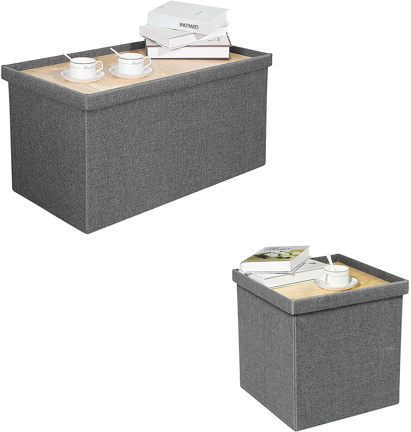 Folding Storage Ottoman Bench w/ Lid Tray, Grey