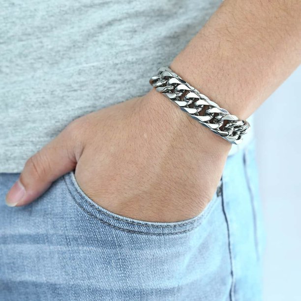 15mm Wide 10 inch Curb Cuban Rombo Mens 316L Stainless Steel Chain Bracelet Silver