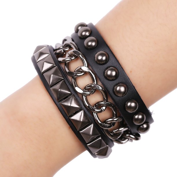 Goth Punk Bracelet Leather Spike Stud Wristband Multilayer Chain Rivets Bracelet