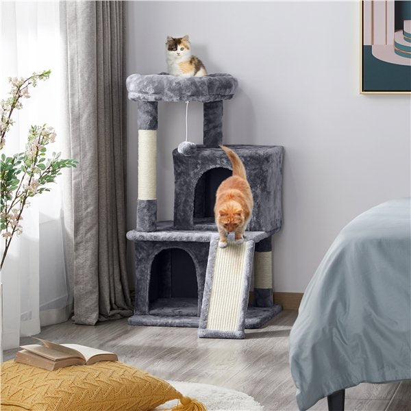 36'' H Cat Tree Tower Cat House with Double Condos Scratching Posts Sisal Rope Furry Ball for Cats and Kittens, Dark Gray